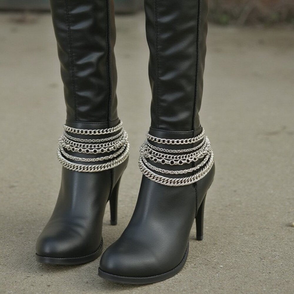 Women Silver Metal Multi Strand Chain Boot Bracelets Shoe Charm Anklet Bling 2PC
